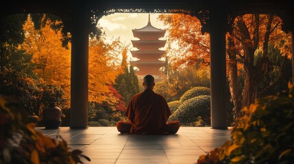 Fototapeta premium A peaceful monk sits in meditation surrounded by golden autumn foliage. The serene landscape features a traditional pagoda in the background. Generative AI
