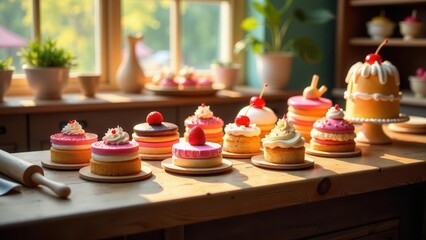 Naklejka premium Delightful assortment of miniature pastries displayed on wooden surface bathed in sunlight