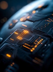 Abstract Technology Background with Glowing Circuit Board and Microchip on Dark Surface