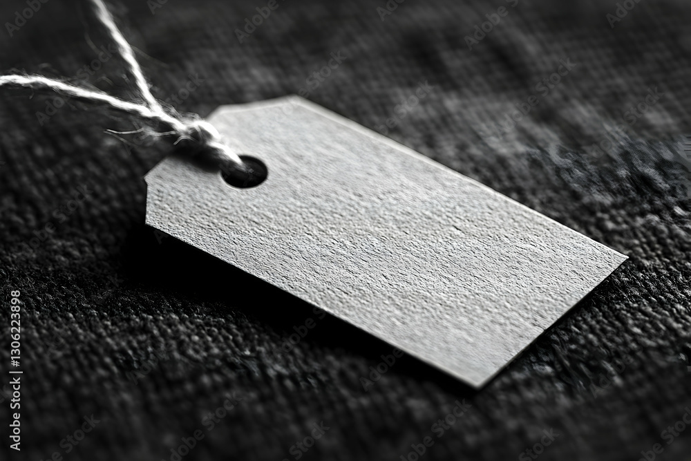 Poster monochrome image showcasing an empty tag with a string on dark fabric