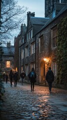 Evening stroll through historic cobblestone streets. The ambiance is serene as people wander by warm glowing lamps, surrounded by charming architecture and nature. Generative AI