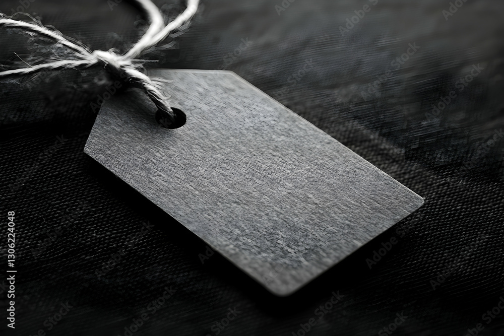 Poster monochrome image featuring a blank tag with string against dark fabric