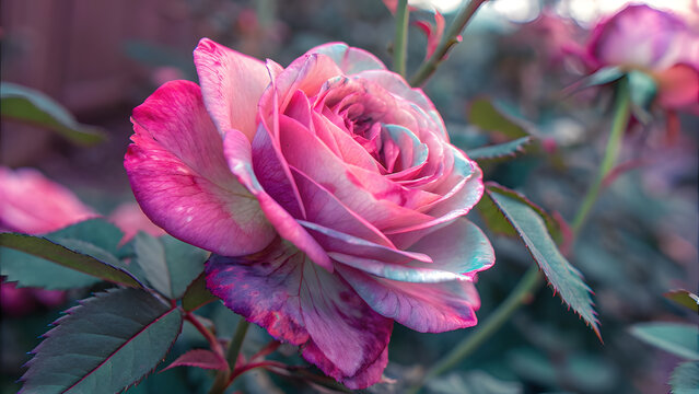 Close-Up Wild Rose Background with Glitch Effect. Perfect for: Cyberpunk themes, tech branding, digital art - Powered by Adobe