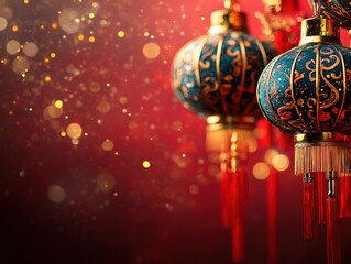 Vibrant Chinese Lanterns Illuminated Against a Rich Red Background with Glittering Sparkles, Capturing the Essence of Festive Traditions and Cultural Celebrations.
