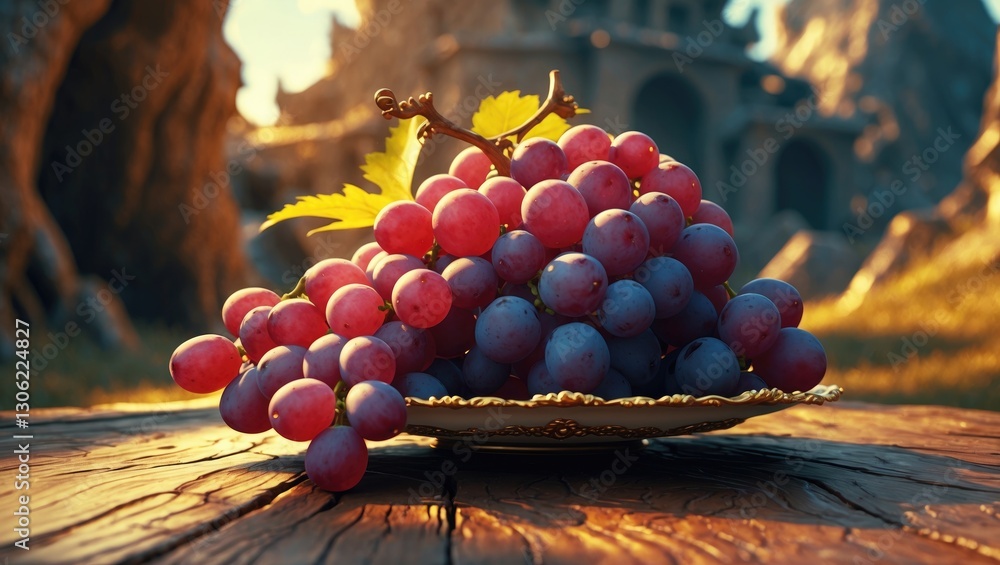 Poster clusters of grapes on a plate with a wooden background are viewed from the side.