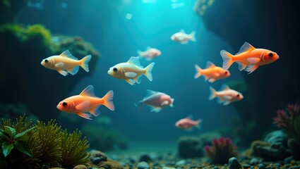 Glofish, bioengineered luminous fish swimming in a tank