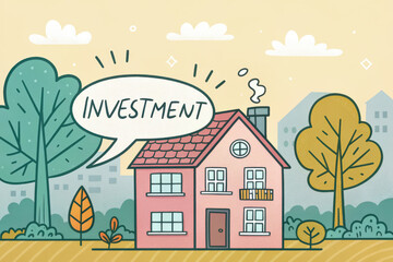 colorful cartoon illustration of house with speech bubble saying INVESTMENT, surrounded by trees and cityscape in background, conveying sense of financial growth and opportunity