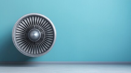 Industrial Jet Engine Turbine Against Minimalist Blue Wall Background