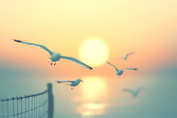 Obraz premium Pastel Sunrise Over the Ocean with Seagulls in Flight near the Shore
