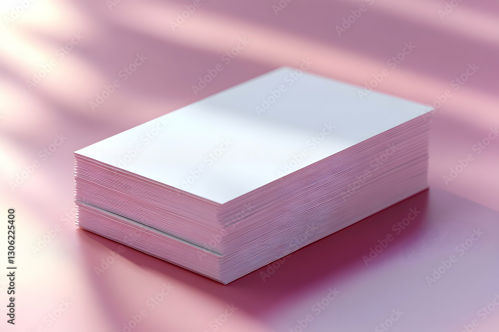 Poster photorealistic rendering showcases stack of pristine white papers with soft pink background creating