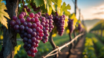 Obraz premium Grapes hanging in a vineyard within the Wachau Valley of Lower Austria, Europe.