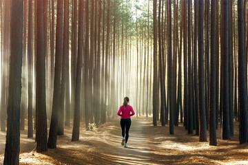Person in red jacket running through tall pine forest with dramatic sunlight streaming between trees. This atmospheric outdoor fitness scene symbolizes solitude, determination and connection with