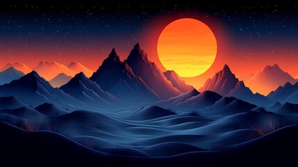 Fototapeta premium Serene sunset landscape dramatic orange sun silhouettes majestic mountains. AI Generated
