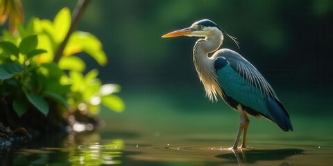 Fototapeta premium Serene Waterbird at Dawn A Majestic Heron Stands in Still Water, Reflected in the Calm Surface, Surrounded by Lush Green Foliage