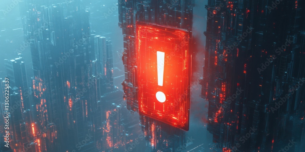 Poster bright red alert symbol in a futuristic digital landscape with towering structures and glowing light