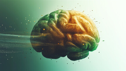 Detailed 3D illustration of human brain with glowing green neural connections against dark background with copy space. This medical visualization concept represents neuroscience, cognitive function