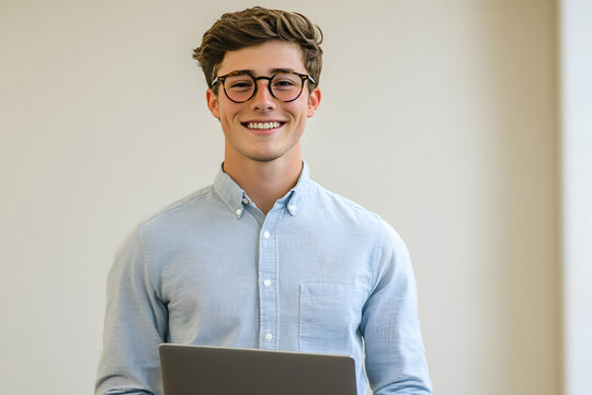 Portrait of a smiling young man wearing glasses and holding laptop