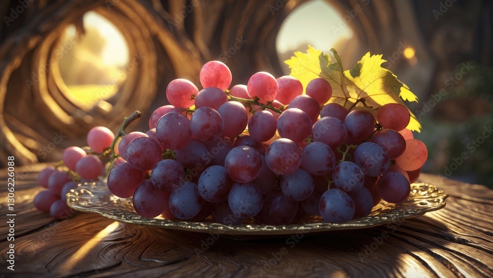 Poster clusters of grapes arranged on dishes with a rustic wooden backdrop are captured from the side.