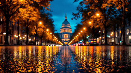 Fototapeta premium Illuminated Capitol Building at Night with Reflections on a Wet Street