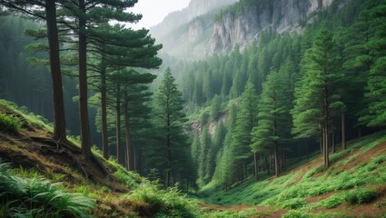 Vibrant, dense pine forest thriving on a mountainside.