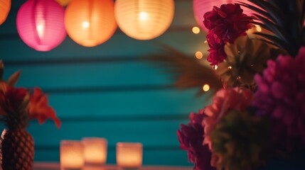 Tropical party setup features vibrant pineapples, colorful lanterns, and fresh flowers, creating a warm and festive atmosphere perfect for celebrations