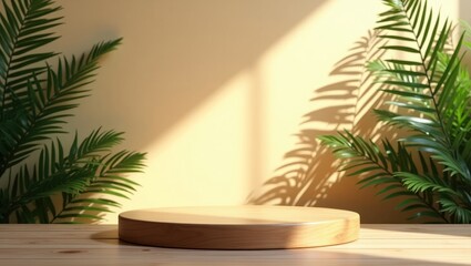 Fototapeta premium Unoccupied teak wood tabletop featuring tropical ferns, illuminated by morning sunlight, and casting shadows of leaves on a light beige wall behind. Nature, Organic, Stand, Space, Product Display