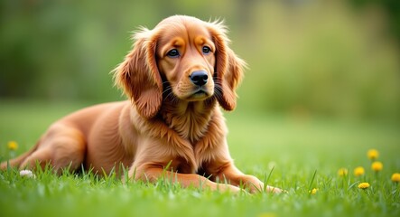 Golden cocker spaniel resting on lush green grass