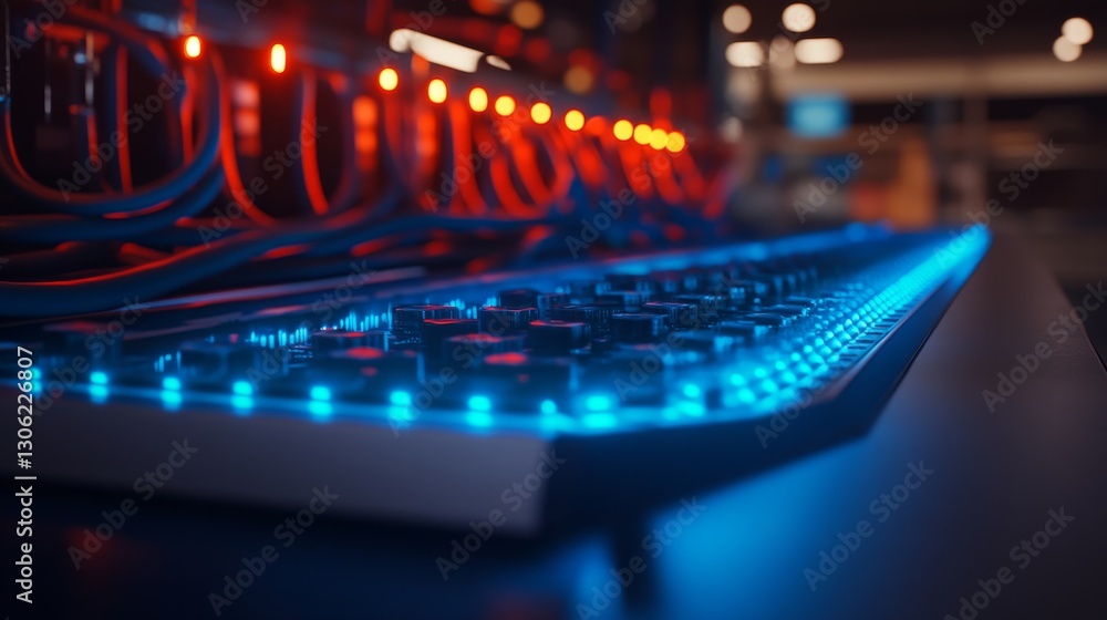 Poster A glowing blue interface displays network connections and cybersecurity nodes, with a data center providing a modern backdrop in a futuristic setting
