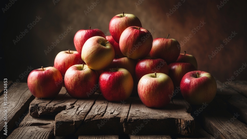 Poster cluster of gala apples displayed on a rustic wooden surface.