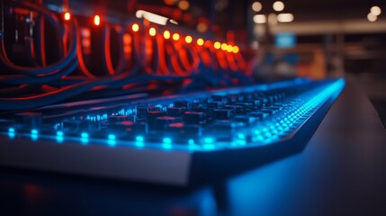 A glowing blue interface displays network connections and cybersecurity nodes, with a data center providing a modern backdrop in a futuristic setting