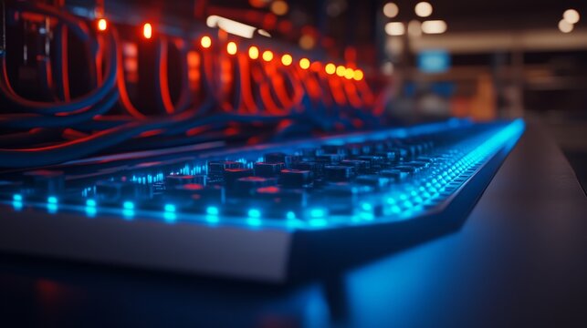 A glowing blue interface displays network connections and cybersecurity nodes, with a data center providing a modern backdrop in a futuristic setting