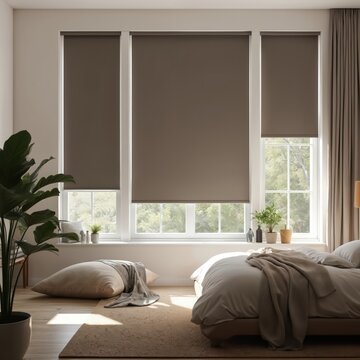 Luxurious blackout roller blinds in modern Euro-American interior, bedroom setting. Window treatment filters soft light. Cozy apartment design with white walls, warm color palette creates home