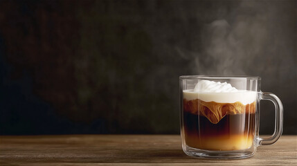 A classic layered coffee drink showcasing the intricate interaction of espresso and cream in a transparent glass, revealing the art of coffee preparation.