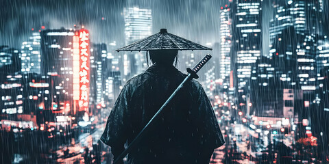 Samurai Silhouette In The Rainy City Night Illustration Of A Warrior