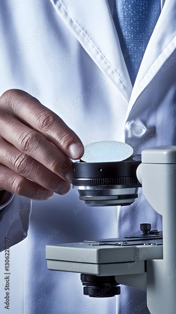 Poster scientist examines sample under microscope a realistic image in a