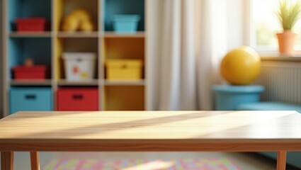 Vacant tabletop for showcasing products, set against a softened backdrop of a children's room.