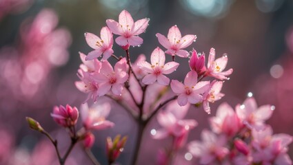 Close-up of the pink flowers of Cercis siliquastrum, known as the European scarlet or Judas tree. This species belongs to the Fabaceae family, characterized as either a tree or shrub.