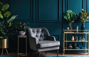 Modern interior in dark teal and brass colors, with elegant furniture like a grey velvet chair, gold side table, and an antique cocktail cart