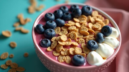 CBD-infused smoothie bowl featuring granola, blueberries, and Greek yogurt. A refreshing summertime breakfast option to enhance your wellness, start your day with a few drops of CBD oil.