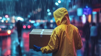 Obraz premium Delivery person braves rainy city streets while carrying package at night