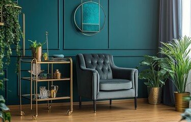 Modern interior in dark teal and brass colors, with elegant furniture like a grey velvet chair, gold side table, and an antique cocktail cart