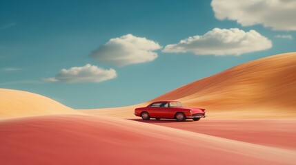 Red Classic Car on Vibrant Pink and Yellow Sand Dunes Under Sunny Sky