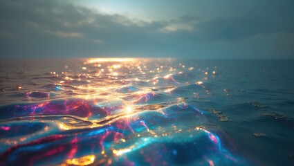 Sunlight glimmers on the water in the bay as oil floats on the surface.