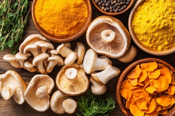 Fototapeta premium A vibrant still life of mushrooms, herbs, and spices arranged on a rustic table, with warm lighting highlighting their textures