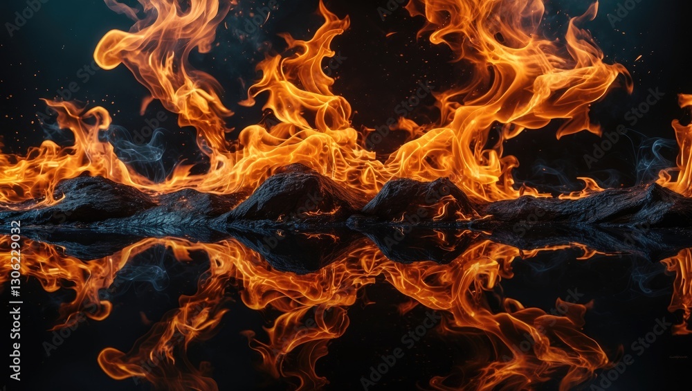 Poster flames illuminated with a mirrored effect against a dark backdrop