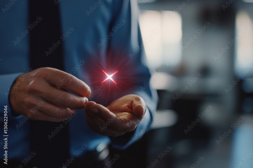 Aufkleber a businessman in an office space grasps a glowing red x hologram, symbolizing a failed certification