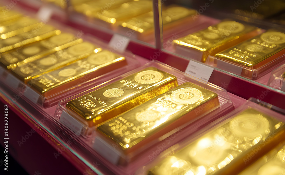 Poster rows of shiny gold bars stacked in a display case at an exhibit