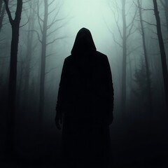 Gothic Hooded Figure in Foggy Forest - Dark Atmospheric Digital Art