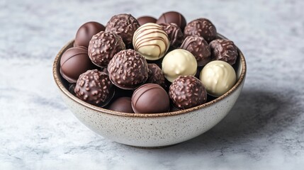 White chocolate and dark chocolate candies. Round sweets covered in chocolate