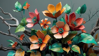 Colorful abstract floral design featuring exotic leaves and branches. Vintage-inspired flowers set against a gray background.